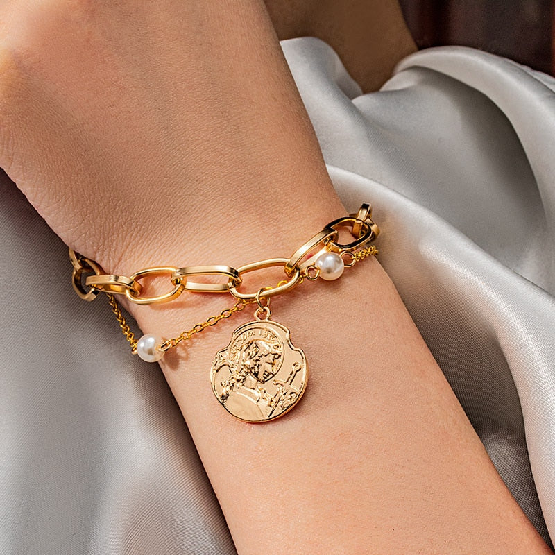 Bohemian Luxury Vintage Portrait Pearl Gold Bracelet