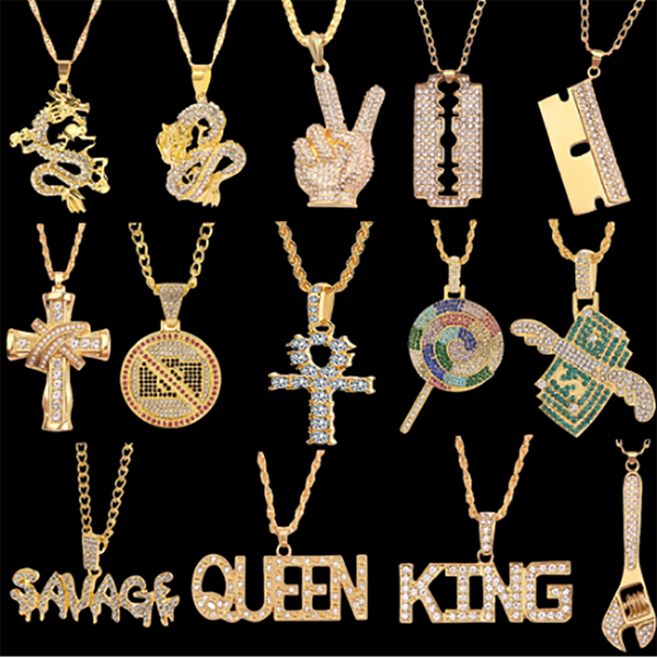 Collar de cadena estilo hip hop con colgante brillante de rock helado