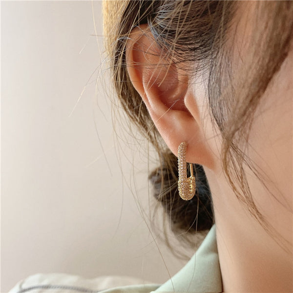 Punk Gold Rhinestone Safety Pin Stud Earrings