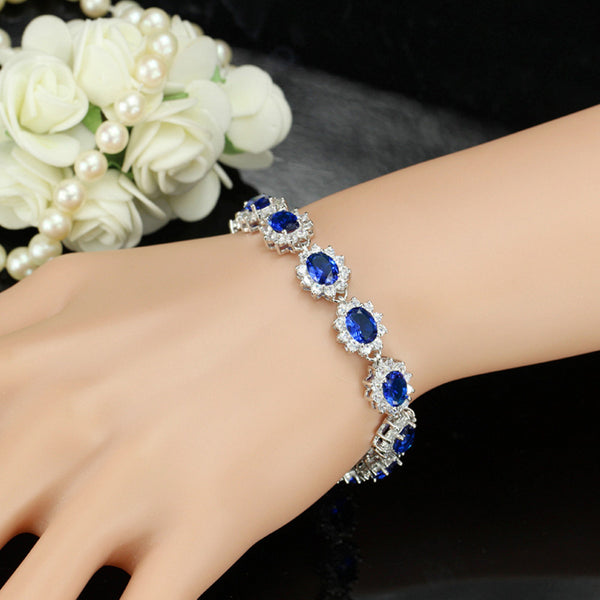 Pulseras de cadena de eslabones con flor de circonita cúbica azul ovalada en color plata de joyería real vintage