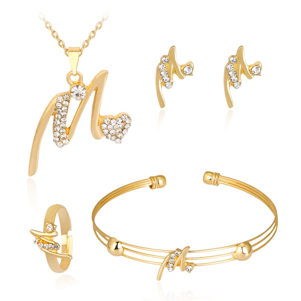 Gold Plated Rhinestone Heart M Letter Pendant Necklace Ring