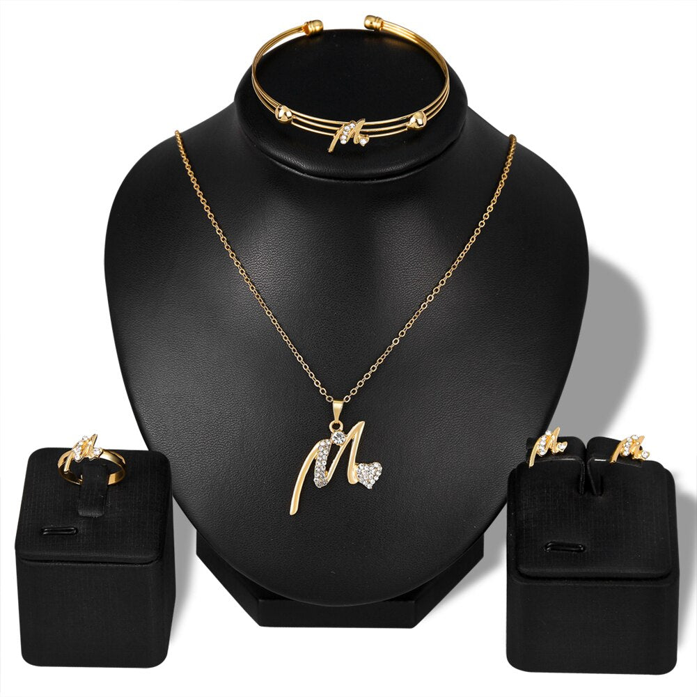 Gold Plated Rhinestone Heart M Letter Pendant Necklace Ring