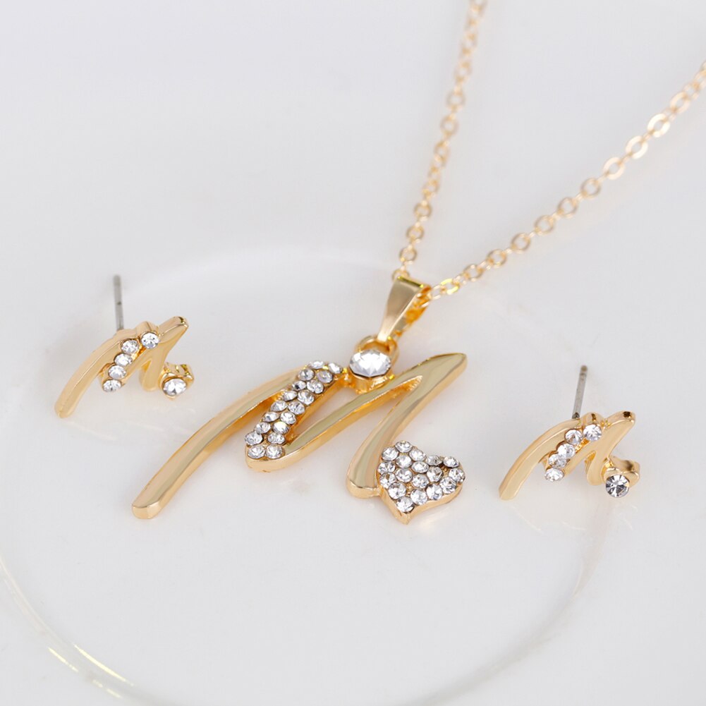 Gold Plated Rhinestone Heart M Letter Pendant Necklace Ring