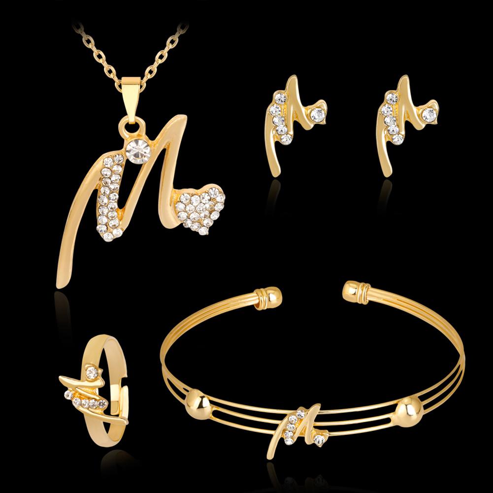 Gold Plated Rhinestone Heart M Letter Pendant Necklace Ring