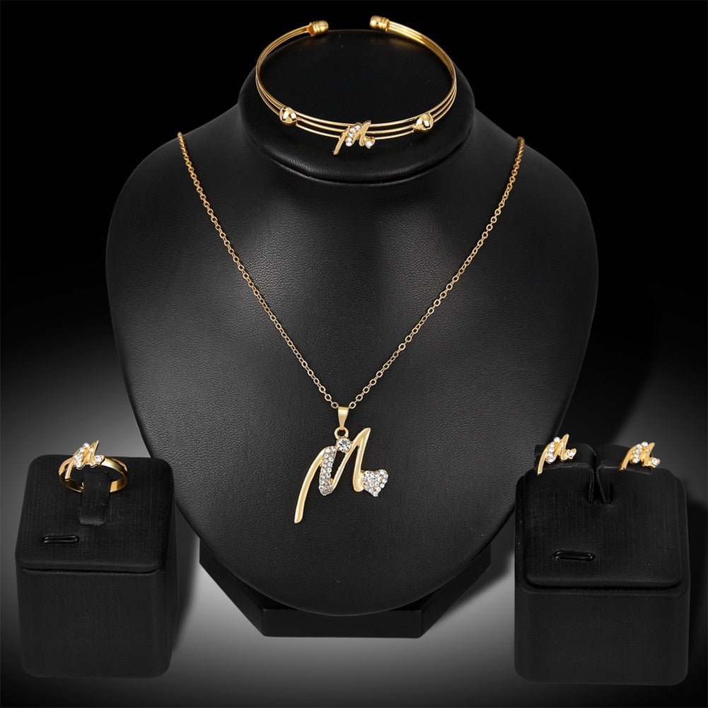 Gold Plated Rhinestone Heart M Letter Pendant Necklace Ring