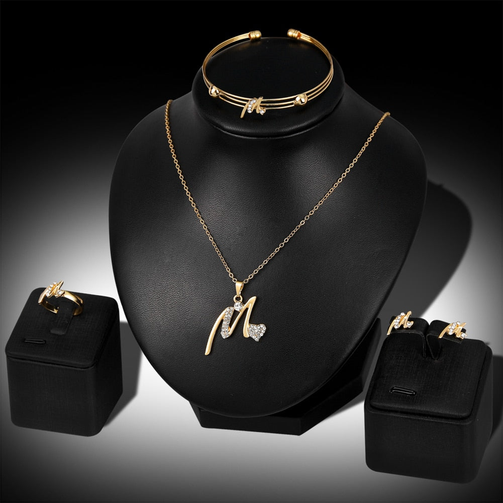 Gold Plated Rhinestone Heart M Letter Pendant Necklace Ring