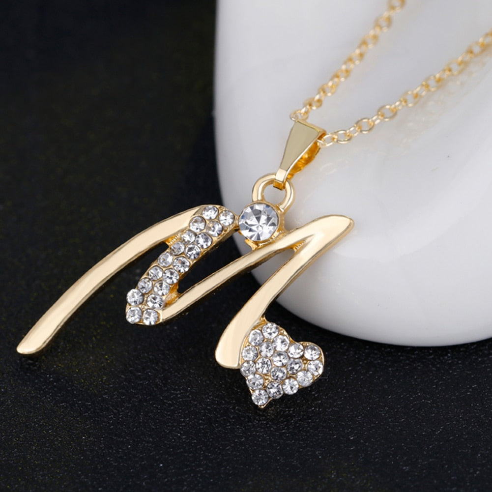 Gold Plated Rhinestone Heart M Letter Pendant Necklace Ring