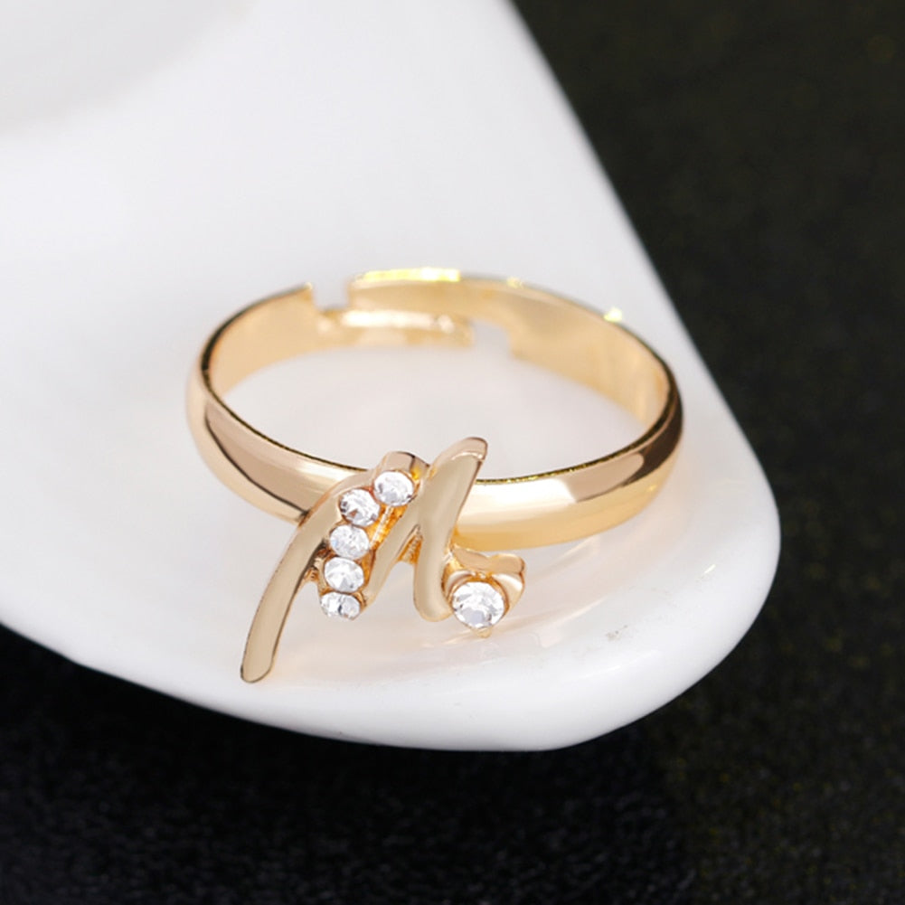 Gold Plated Rhinestone Heart M Letter Pendant Necklace Ring