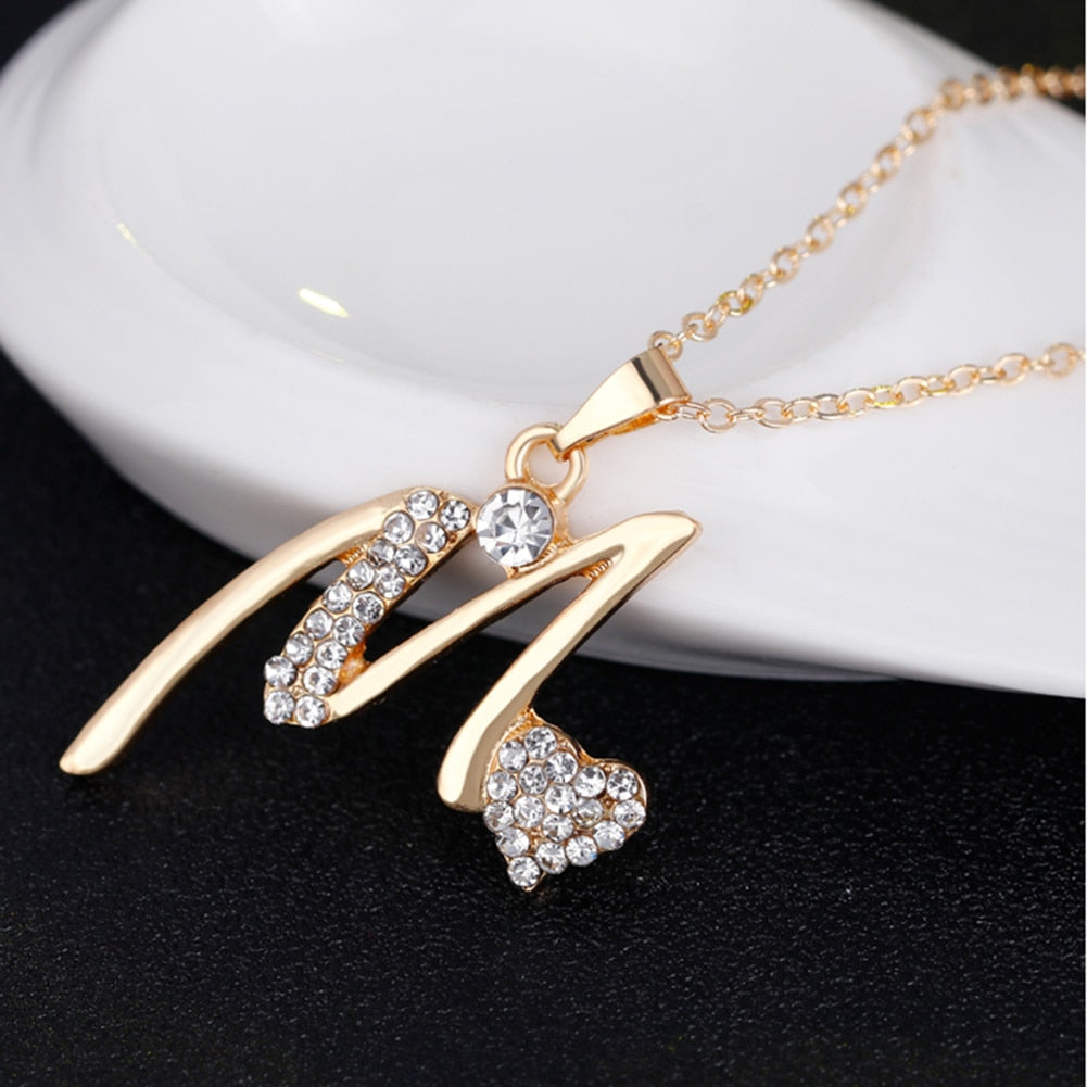 Gold Plated Rhinestone Heart M Letter Pendant Necklace Ring