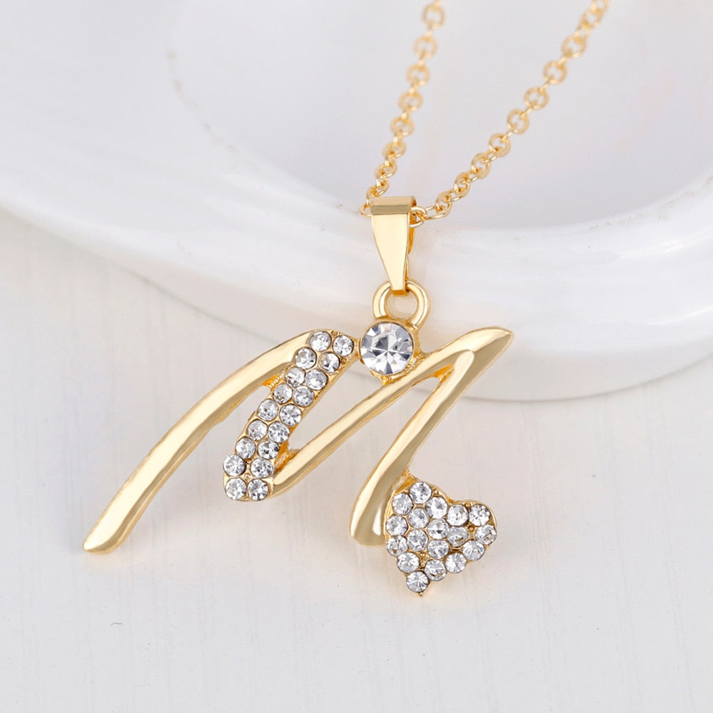 Gold Plated Rhinestone Heart M Letter Pendant Necklace Ring