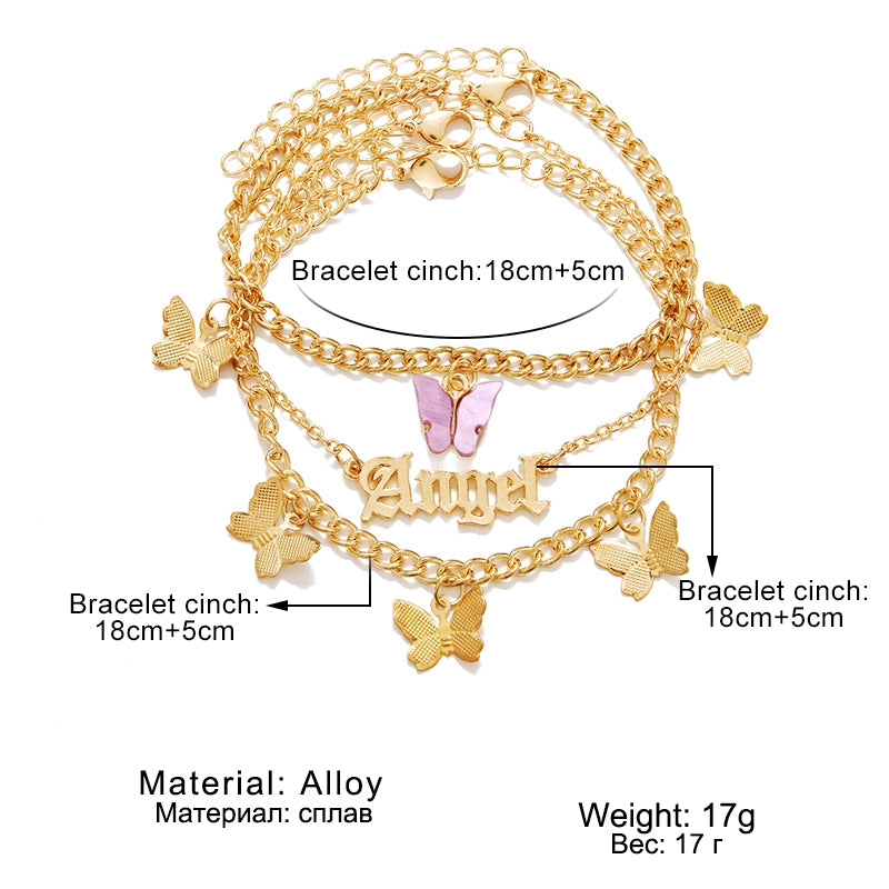 Fashion Pink Butterfly Anklets Set For Women