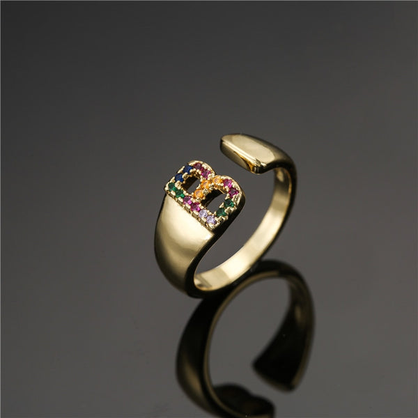 Fashion Initials Signet Ring For Women Gold Color 26 Letters Statement Open Ring
