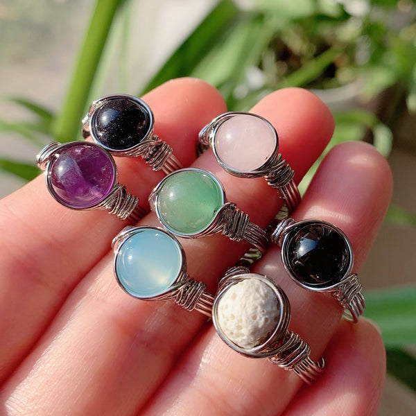 Natural Stone Wire Wrapped Crystal Rings