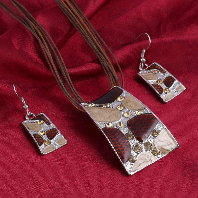 Silver Color Painting Pendant Necklace Earrings Bridal Jewelry Sets