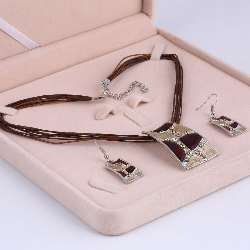 Silver Color Painting Pendant Necklace Earrings Bridal Jewelry Sets