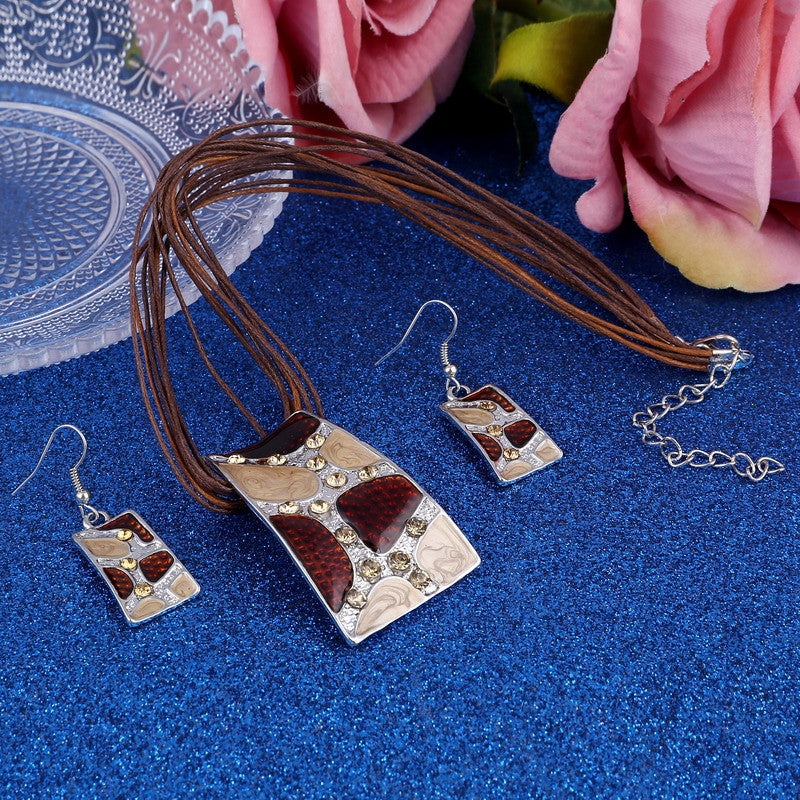Silver Color Painting Pendant Necklace Earrings Bridal Jewelry Sets