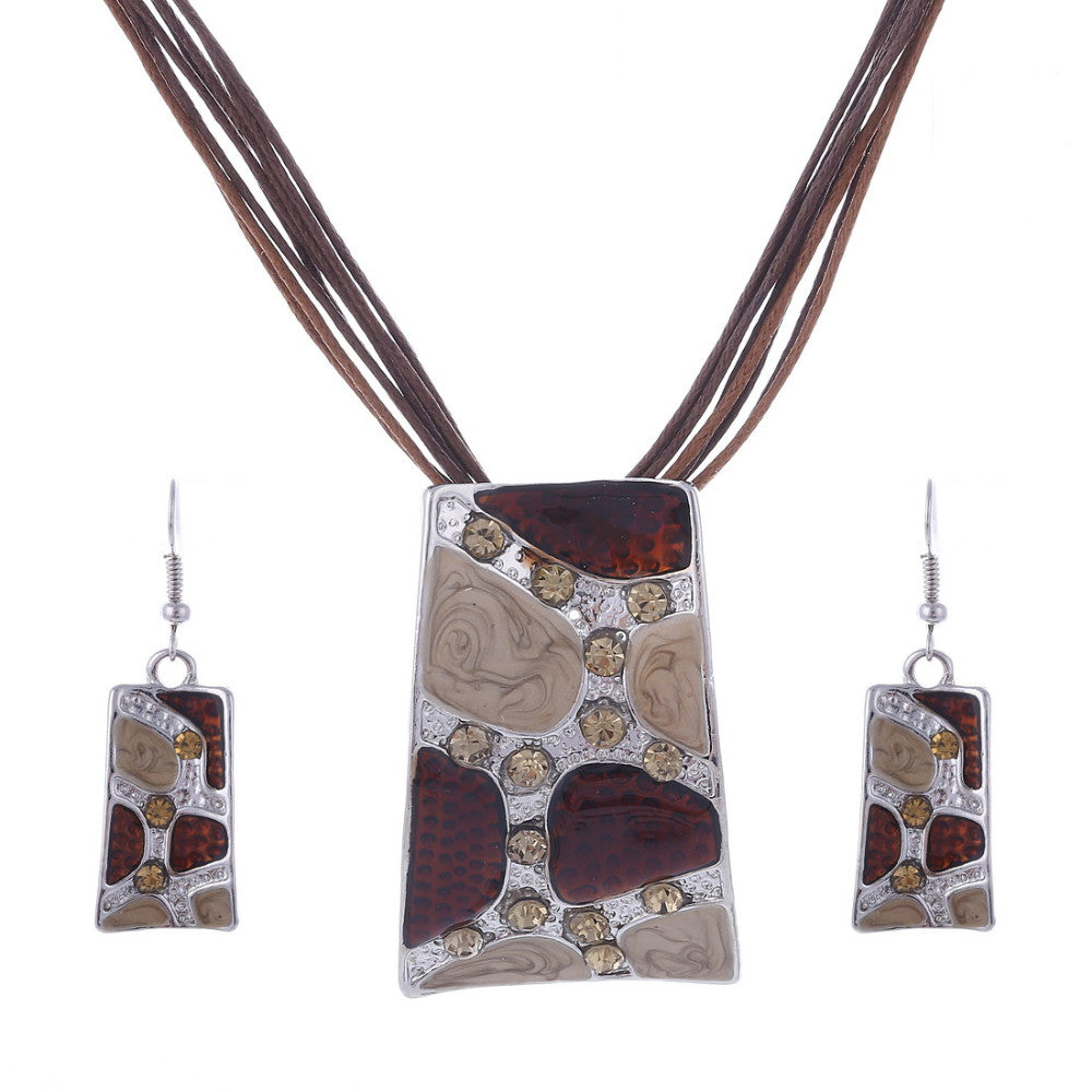 Silver Color Painting Pendant Necklace Earrings Bridal Jewelry Sets