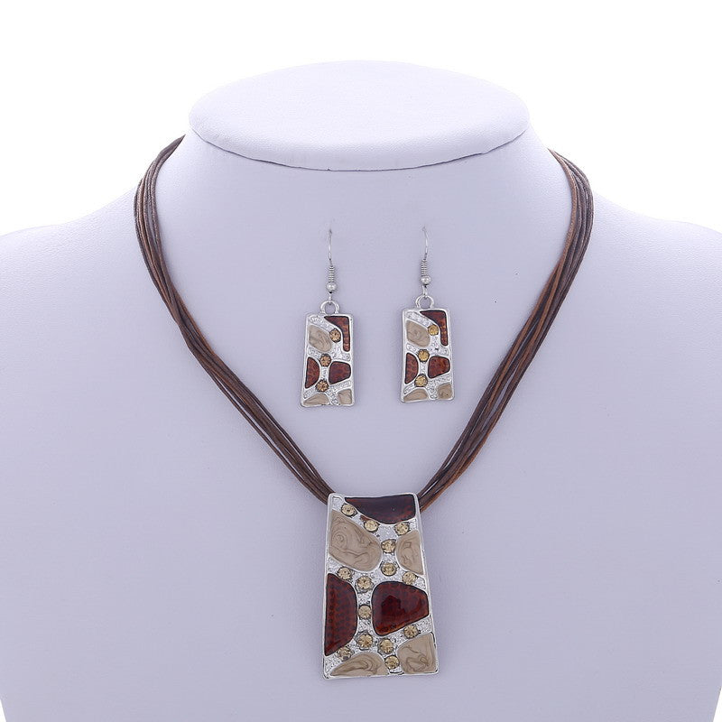Silver Color Painting Pendant Necklace Earrings Bridal Jewelry Sets