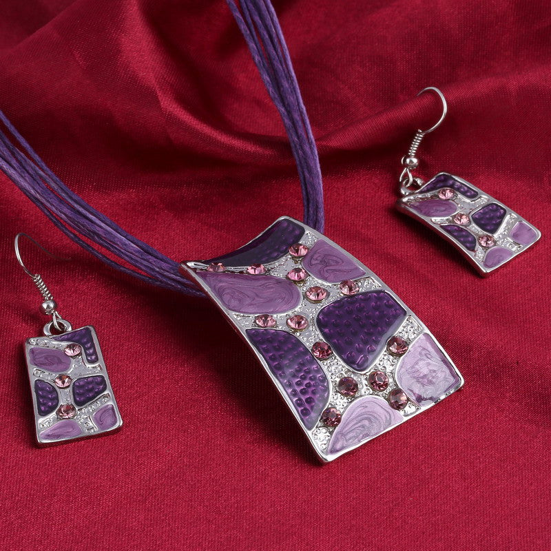 Silver Color Painting Pendant Necklace Earrings Bridal Jewelry Sets