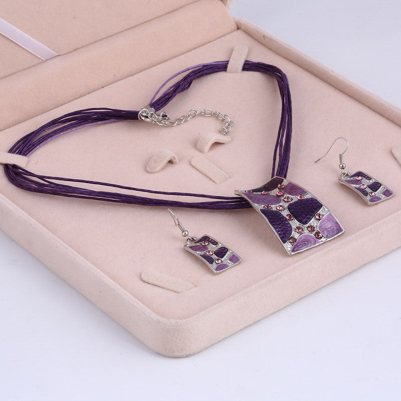 Silver Color Painting Pendant Necklace Earrings Bridal Jewelry Sets