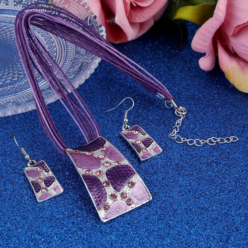 Silver Color Painting Pendant Necklace Earrings Bridal Jewelry Sets