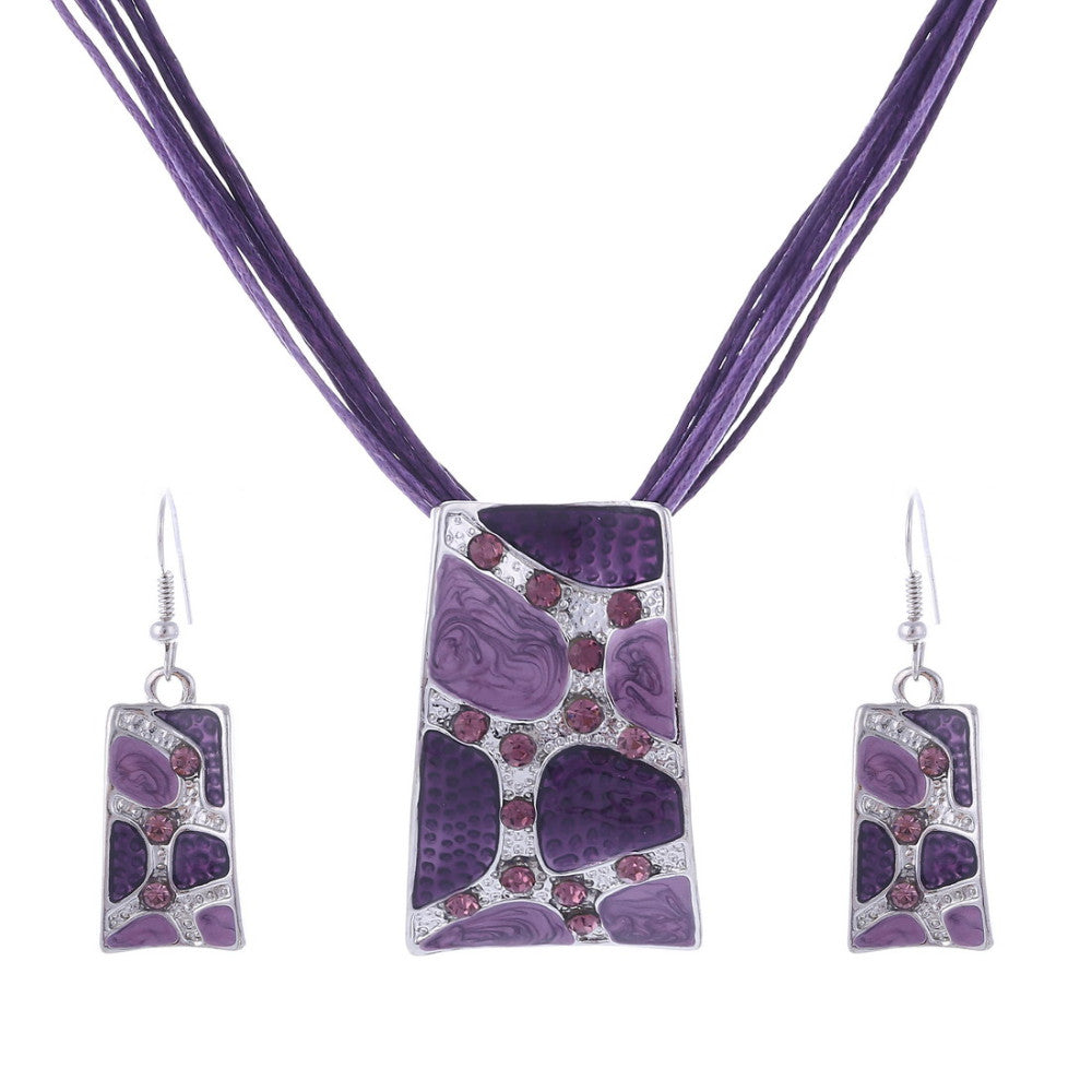 Silver Color Painting Pendant Necklace Earrings Bridal Jewelry Sets