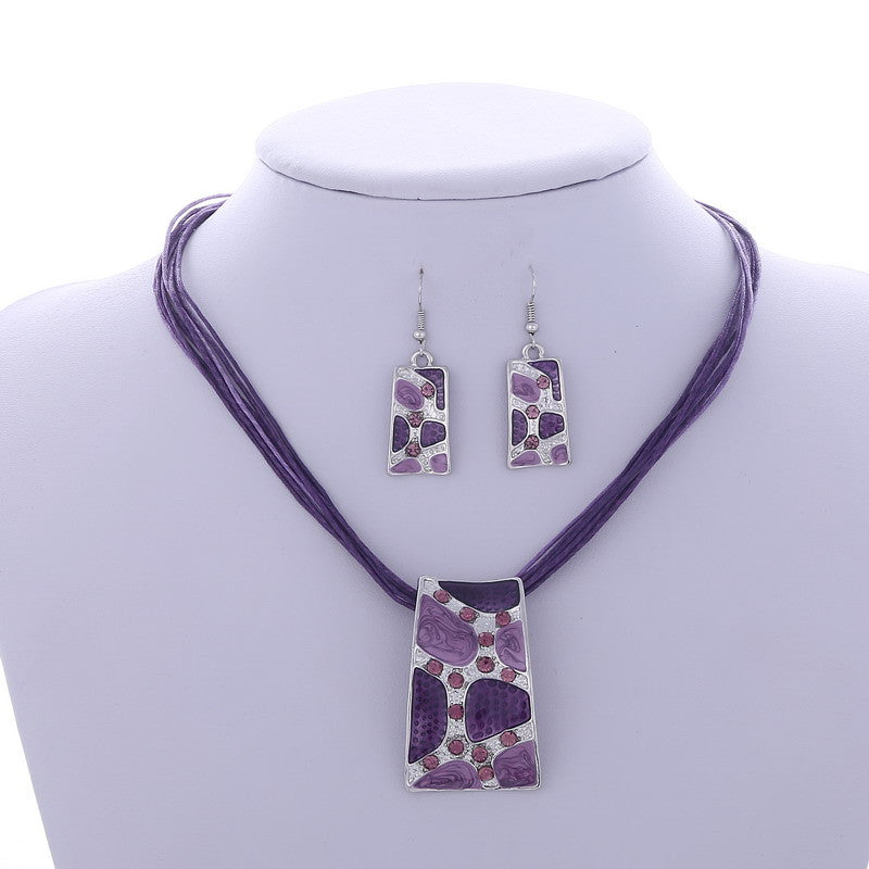 Silver Color Painting Pendant Necklace Earrings Bridal Jewelry Sets