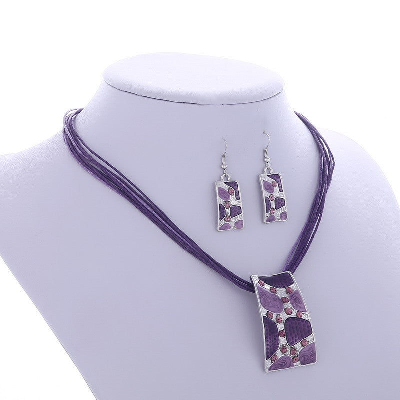 Silver Color Painting Pendant Necklace Earrings Bridal Jewelry Sets