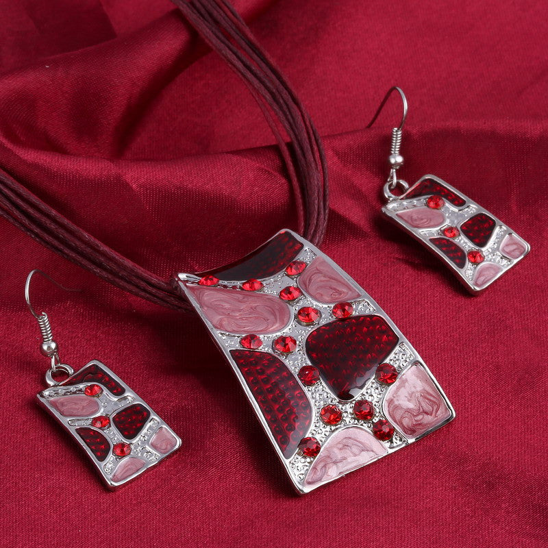 Silver Color Painting Pendant Necklace Earrings Bridal Jewelry Sets
