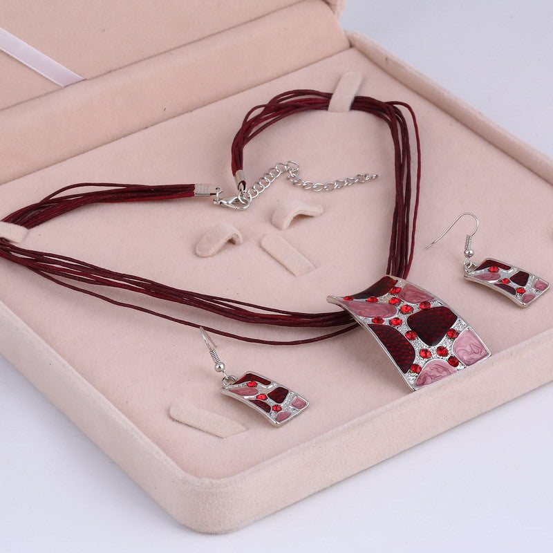 Silver Color Painting Pendant Necklace Earrings Bridal Jewelry Sets