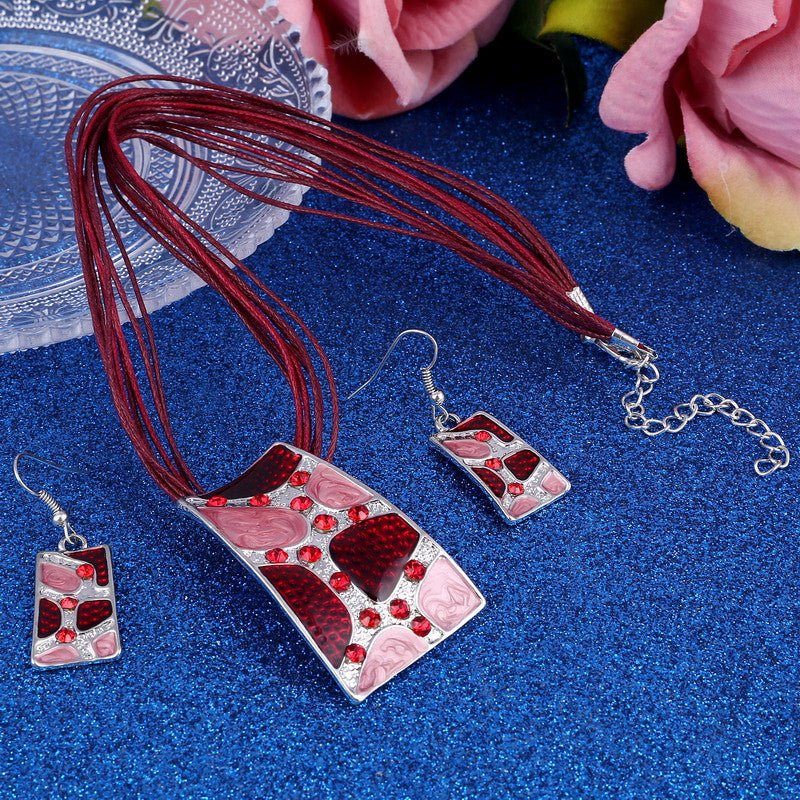 Silver Color Painting Pendant Necklace Earrings Bridal Jewelry Sets