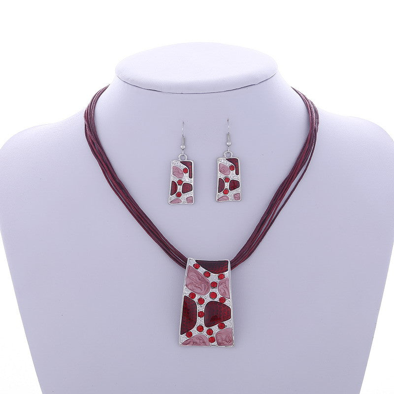 Silver Color Painting Pendant Necklace Earrings Bridal Jewelry Sets
