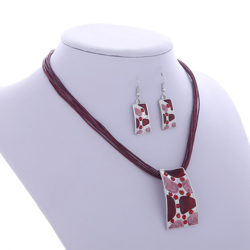 Silver Color Painting Pendant Necklace Earrings Bridal Jewelry Sets