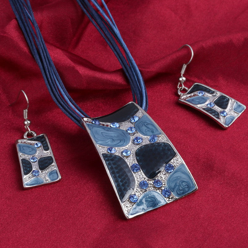 Silver Color Painting Pendant Necklace Earrings Bridal Jewelry Sets