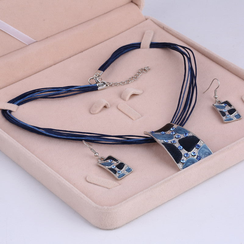Silver Color Painting Pendant Necklace Earrings Bridal Jewelry Sets
