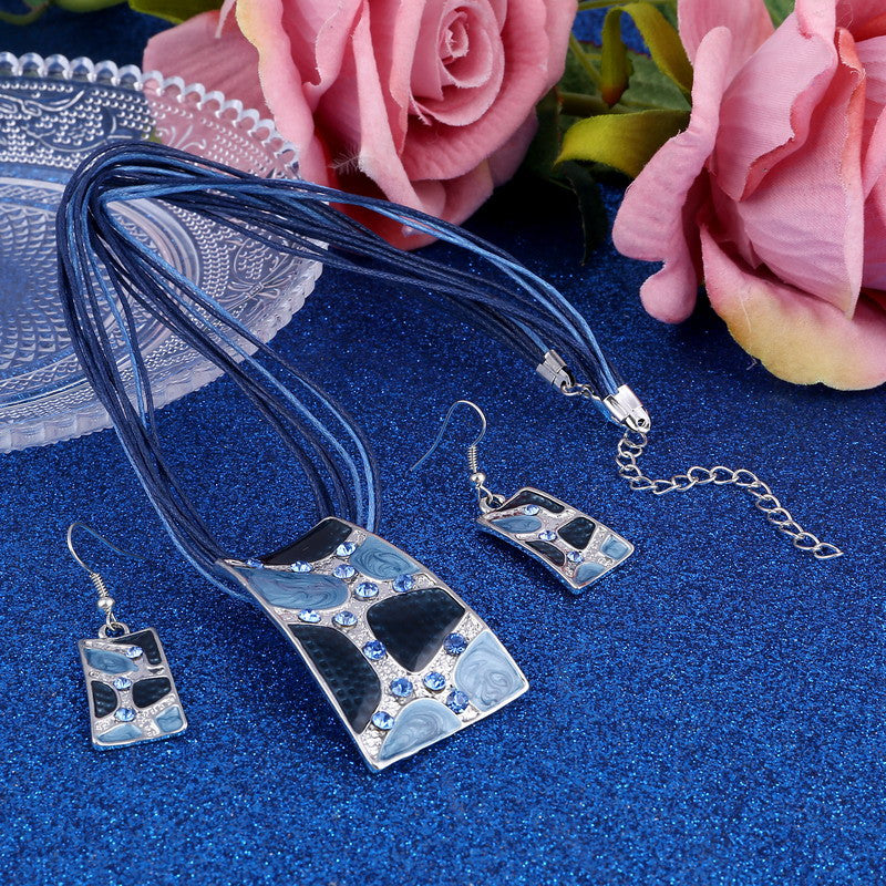 Silver Color Painting Pendant Necklace Earrings Bridal Jewelry Sets