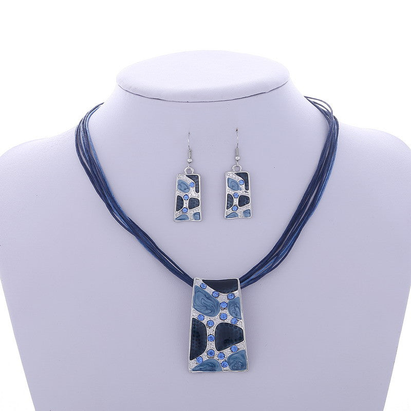 Silver Color Painting Pendant Necklace Earrings Bridal Jewelry Sets