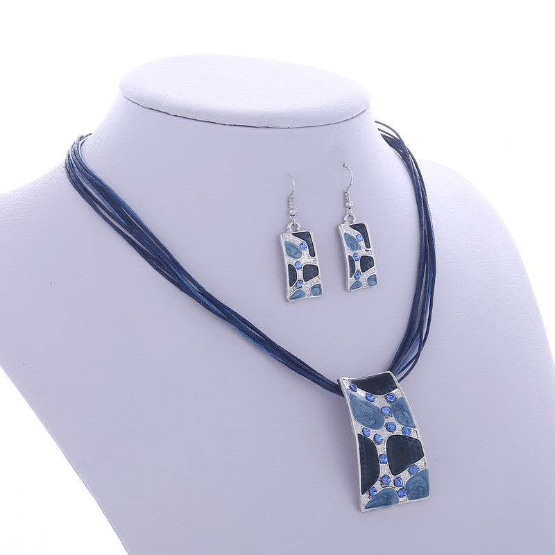 Silver Color Painting Pendant Necklace Earrings Bridal Jewelry Sets