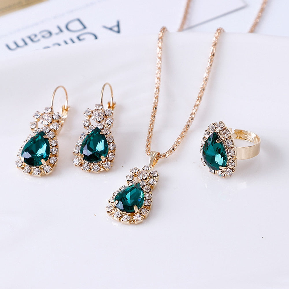 Luxury Water Drop Rhinestone Necklace Earrings Ring Set