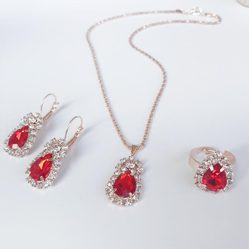 Luxury Water Drop Rhinestone Necklace Earrings Ring Set