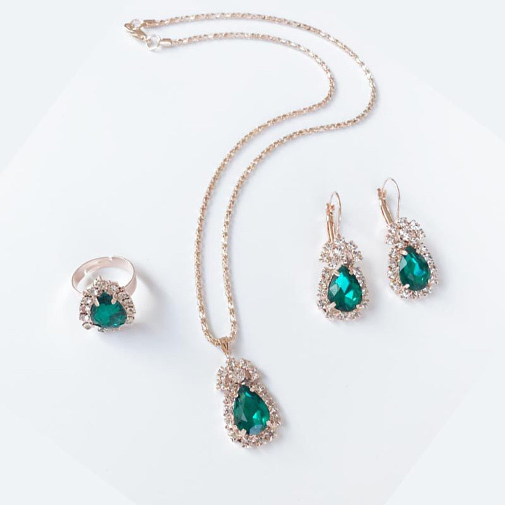 Luxury Water Drop Rhinestone Necklace Earrings Ring Set