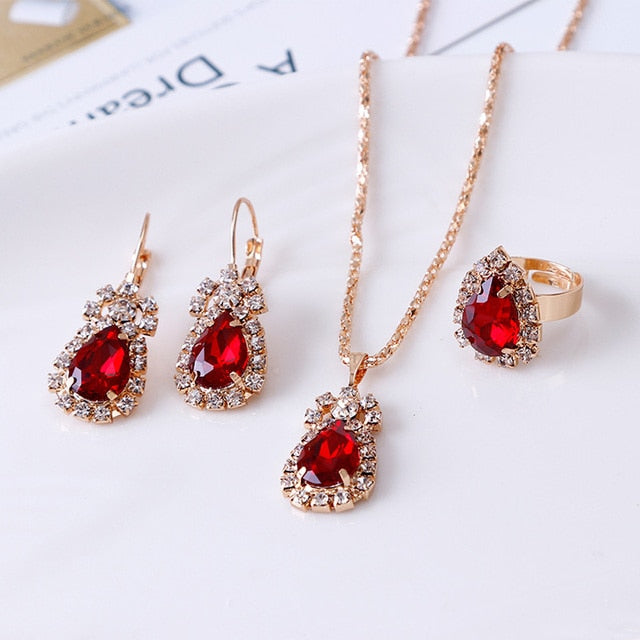 Luxury Water Drop Rhinestone Necklace Earrings Ring Set
