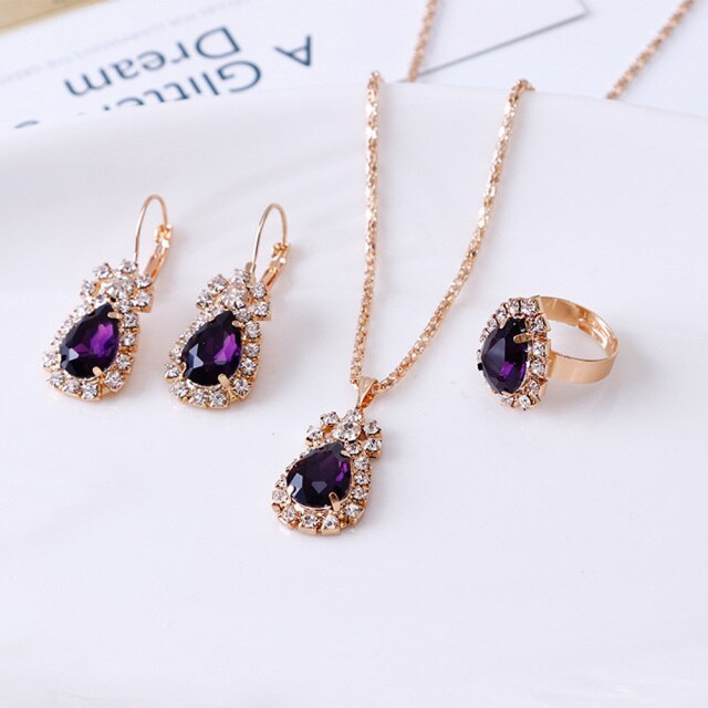Luxury Water Drop Rhinestone Necklace Earrings Ring Set