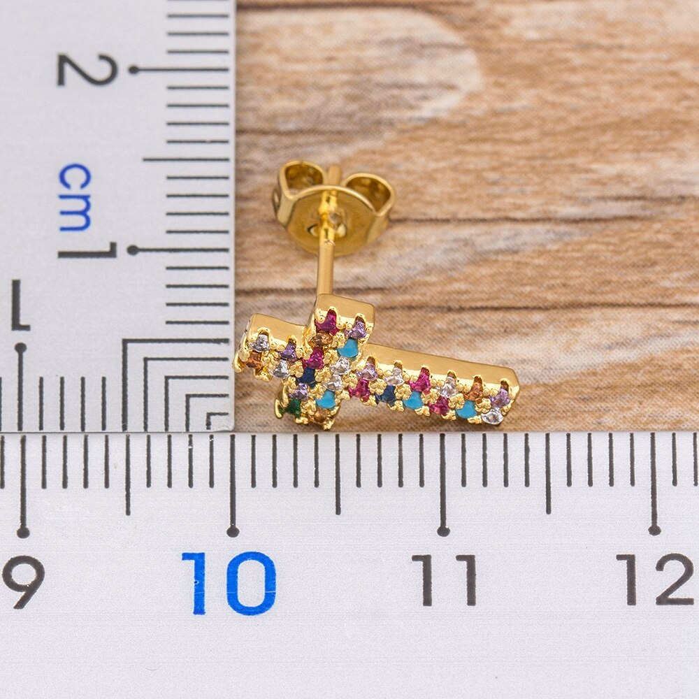 Rainbow Cross Stud Earrings Gold Color Micro Pave CZ Delicate Stud Earrings