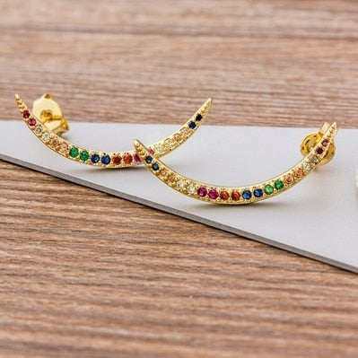 Rainbow Cross Stud Earrings Gold Color Micro Pave CZ Delicate Stud Earrings