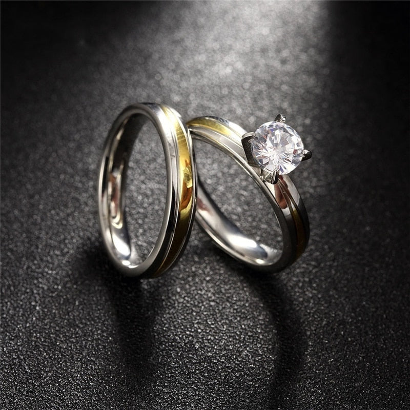 Men's Gold Stainless Steel Rings Women's Fashion Crystal Wedding Ring