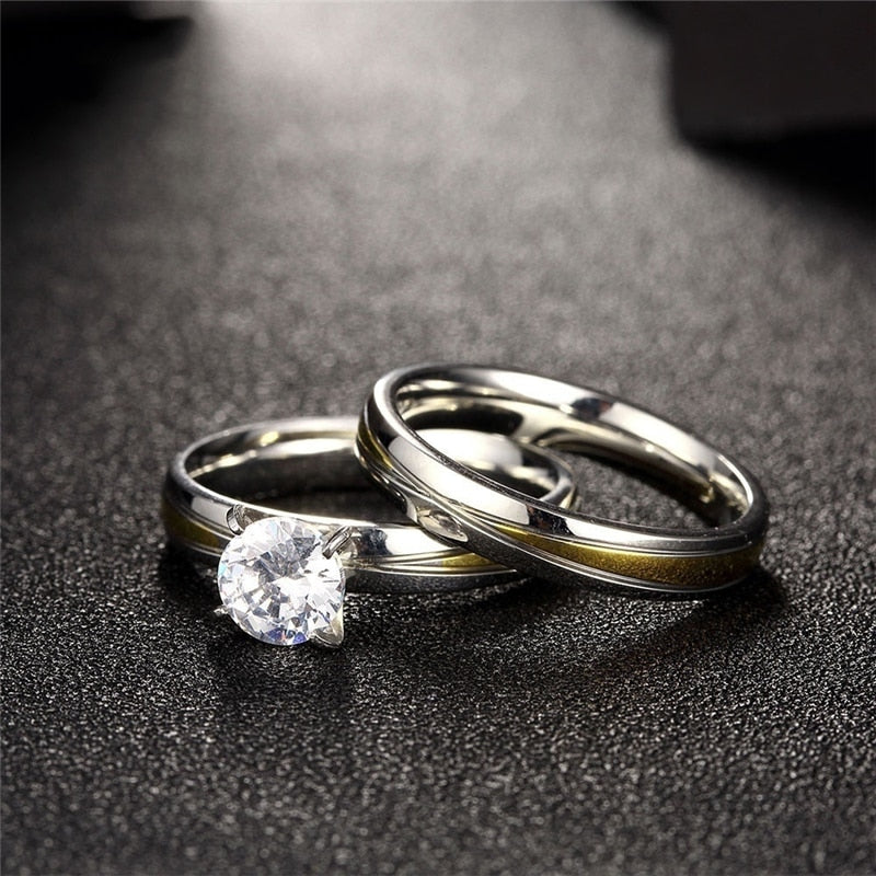 Men's Gold Stainless Steel Rings Women's Fashion Crystal Wedding Ring