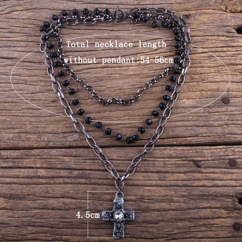 3 Layer Multiple Black Glass Crystal Rosary Cross Pendant Necklaces