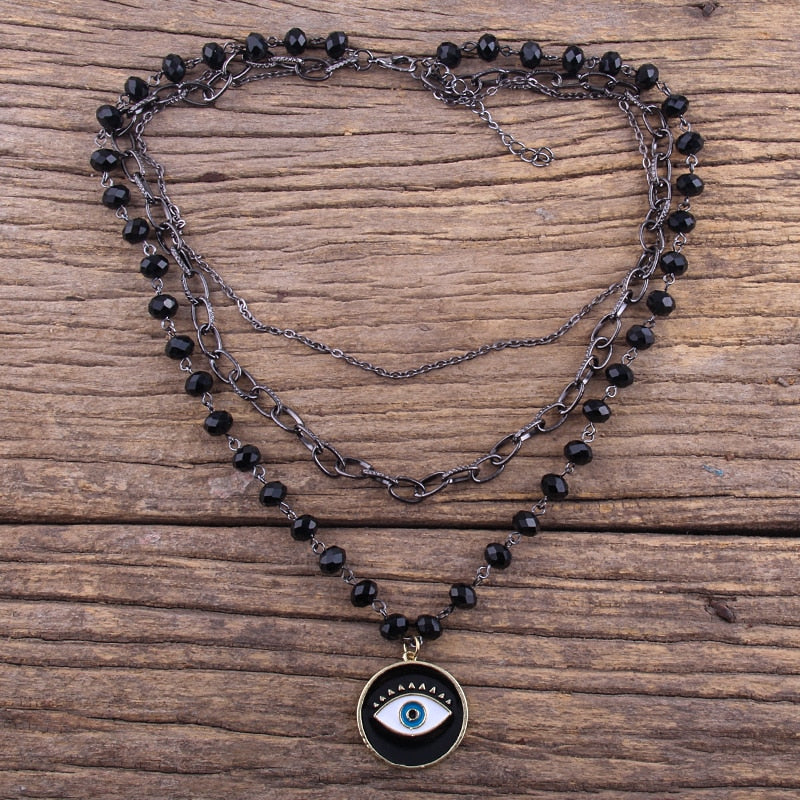3 Layer Multiple Black Glass Crystal Rosary Cross Pendant Necklaces