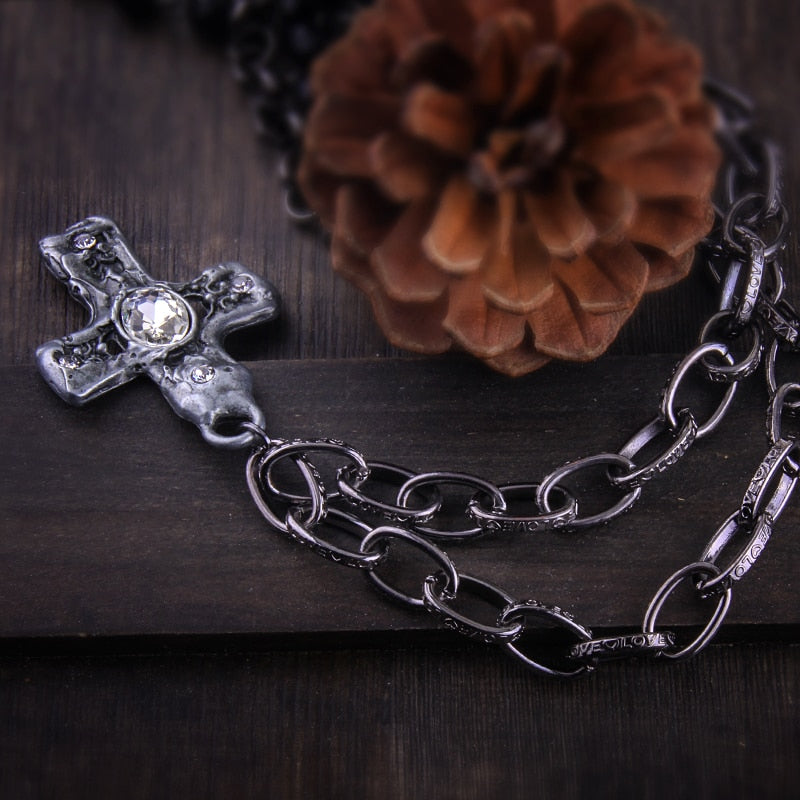3 Layer Multiple Black Glass Crystal Rosary Cross Pendant Necklaces